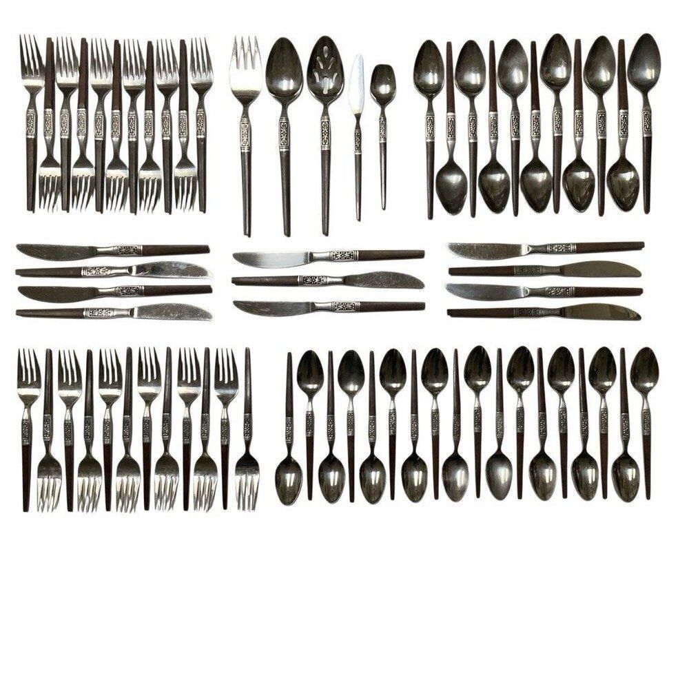 MCM INTERPUR Bar Harbor Stainless Steel Faux Wood Scroll Japan‎ Flatware 68 PCS